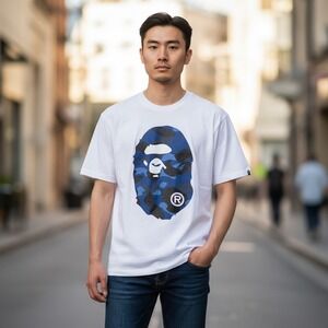 A‎ Bathing Ape BAPE Big Ape Head Blue Camo Graphic White T-Shirt Mens XL Flaw